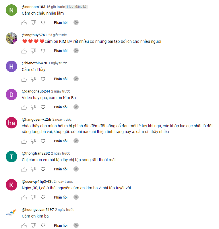 Bình luận học viên trên YouTube Kim Ba Yoga sau khi tập bài trị liệu cổ vai gáy